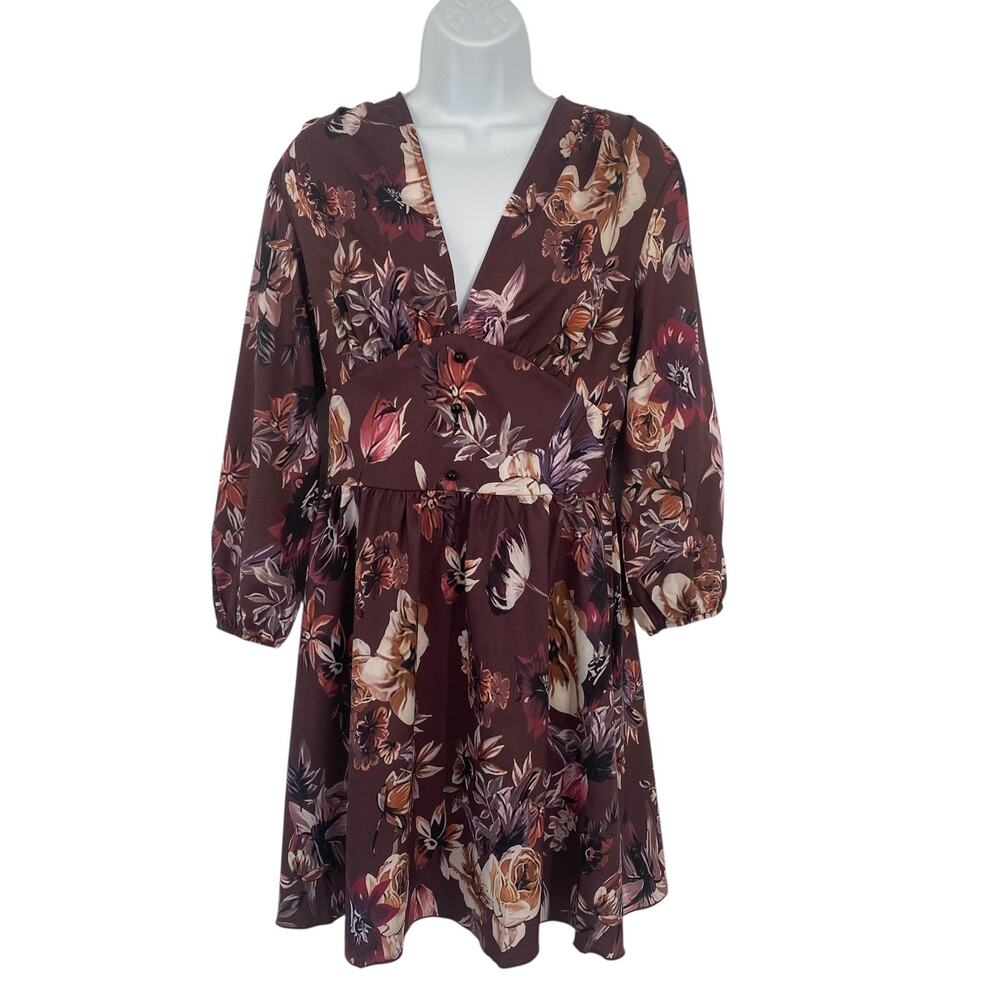 Floral V-Neck Long Sleeve Mini Dress Medium Burgundy Smocked Back Fit & Flare